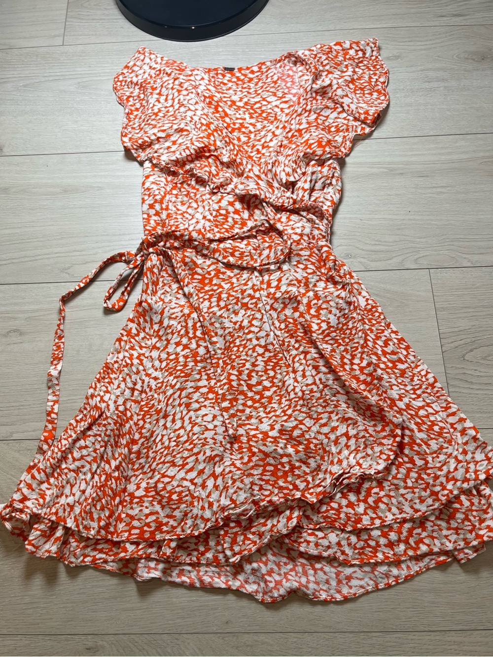 Free People Dress Women wrap Orange/White Abstract Ruffle Tie Waist Short Size S